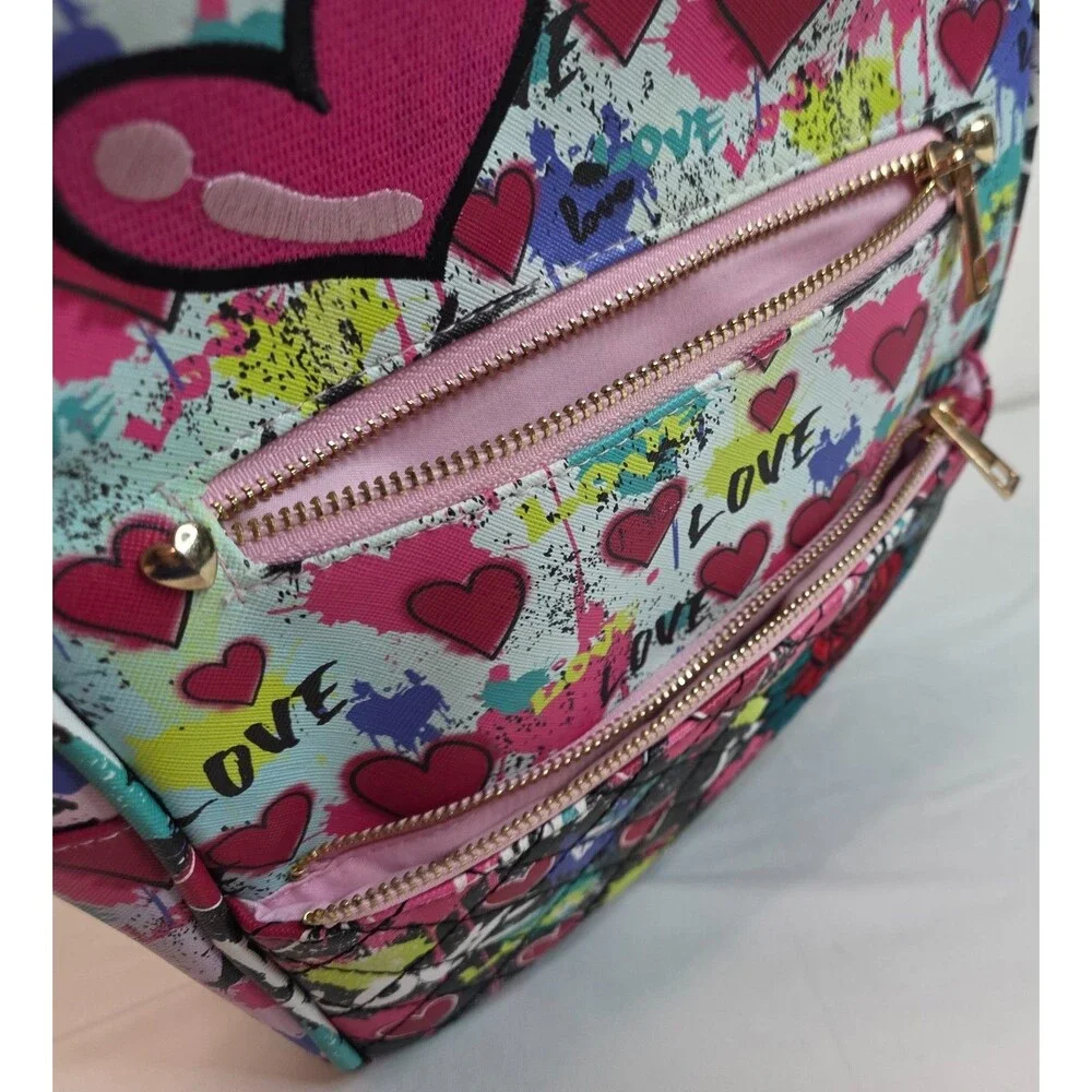 Under One Sky Love Heart Mini Backpack & Matching Zip Pouch Pink Graffiti Bag
